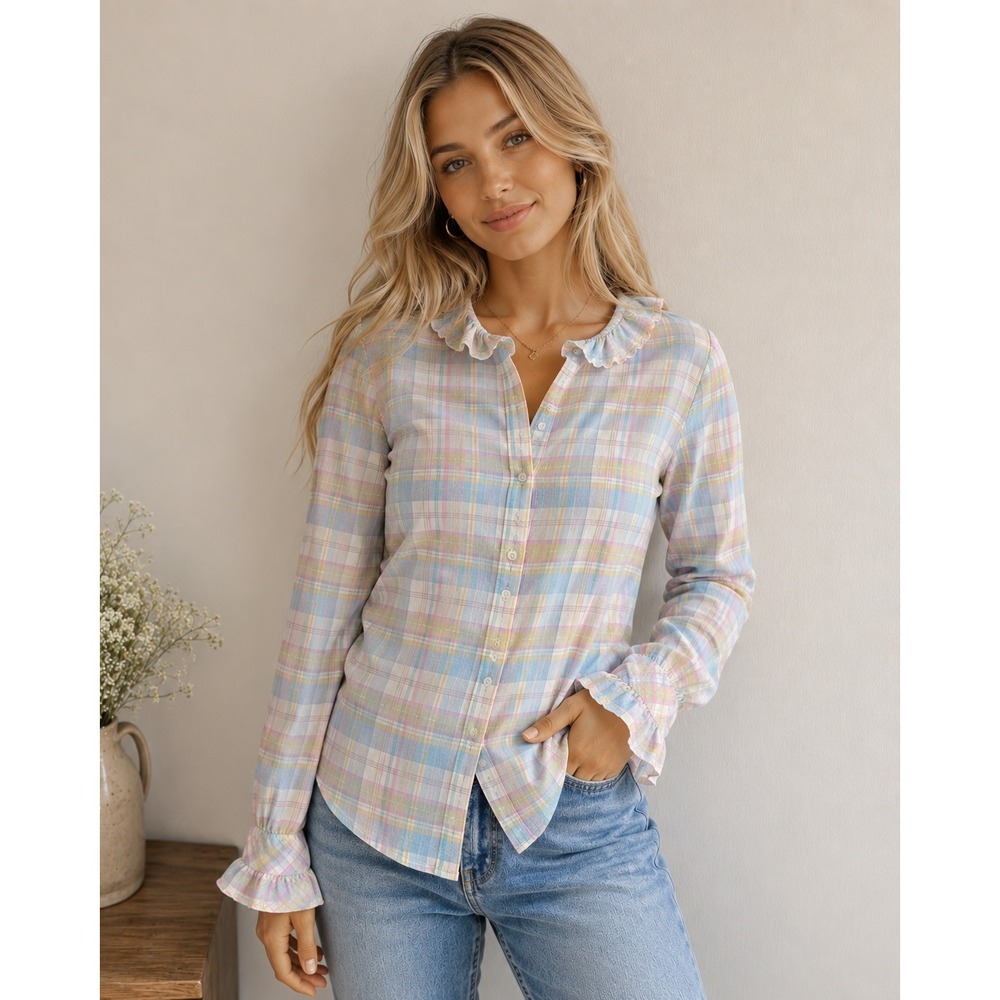 J Crew Classic Pastel Plaid Ruffle Collar Silk‎ Cotton Blend Button Up Shirt 4